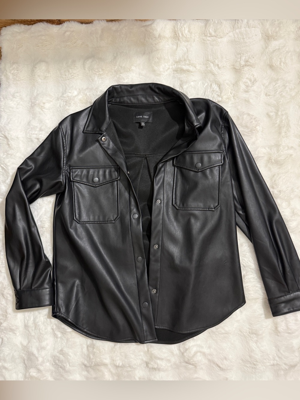 Love Tree Black Faux Leather Button-Up Shacket